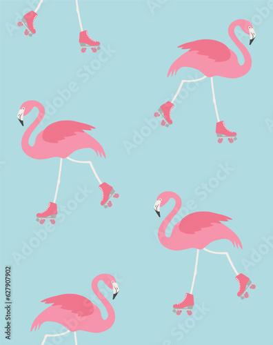 Vector seamless pattern of flat hand drawn flamingo riding roller skates isolated on blue background