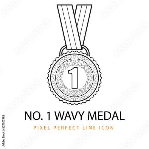 Number 1 Champion Round Wreath Wavy Star Winning Medals with ribbon Vector Line Illustration Coloring Page