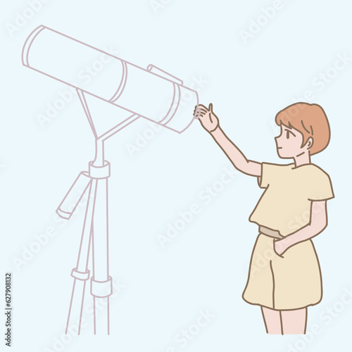 Woman reaching out her hand. Astronomer stargazing with astronomical telescope. Hand drawn flat cartoon character vector illustration.