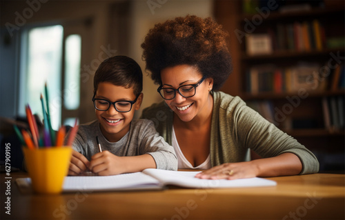 a cheerful mother helping her son with his homework at home