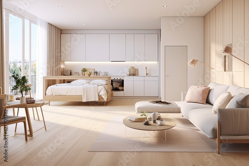A Scandinavian-inspired spacious and well-lit studio apartment with warm pastel white and beige tones. The living area features trendy furniture, while the kitchen area showcases modern elements.