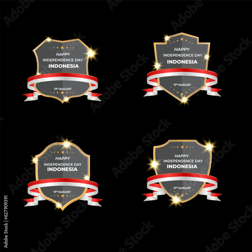 Retro vintage happy independence day Indonesia ribbon flag badge set. Independence Day, 17th August. vector illustration