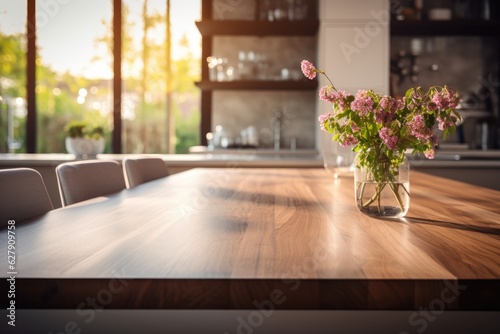 A pristine and well-lit modern kitchen serves as the backdrop, featuring a lovely wooden table top and a blurred bokeh effect. It provides an empty and aesthetically pleasing space for showcasing