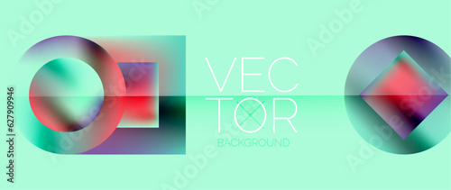 Squares and circles design. Fluid color gradients with metallic effects. Serene synergy of shapes, merging squares and circles into harmonious, captivating design