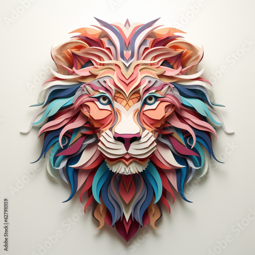 colorful lion head on white backround   in the style of colorful layered forms and conceptual art pieces