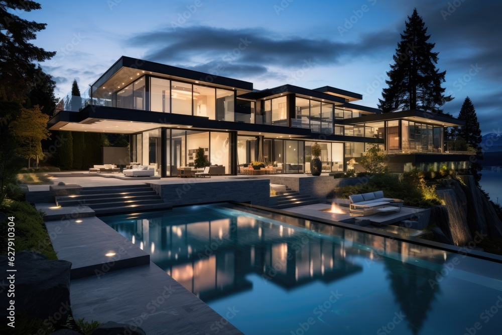 A spacious and contemporary house located in the outskirts of Vancouver, Canada, presenting an aura of opulence and situated amidst a picturesque setting, as the sun begins to set and the nightfall A spacious and contemporary house located in the outskirts of Vancouver, Canada, presenting an aura of opulence and situated amidst a picturesque setting, as the sun begins to set and the nightfall