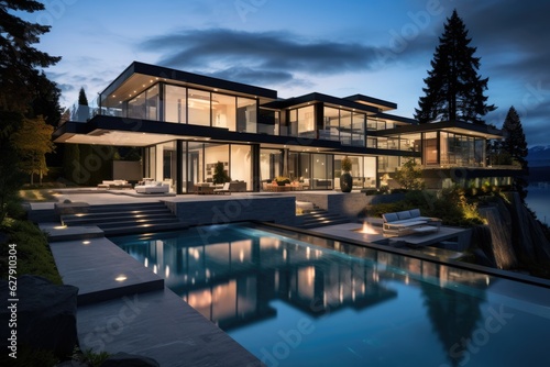 A spacious and contemporary house located in the outskirts of Vancouver, Canada, presenting an aura of opulence and situated amidst a picturesque setting, as the sun begins to set and the nightfall © 2rogan