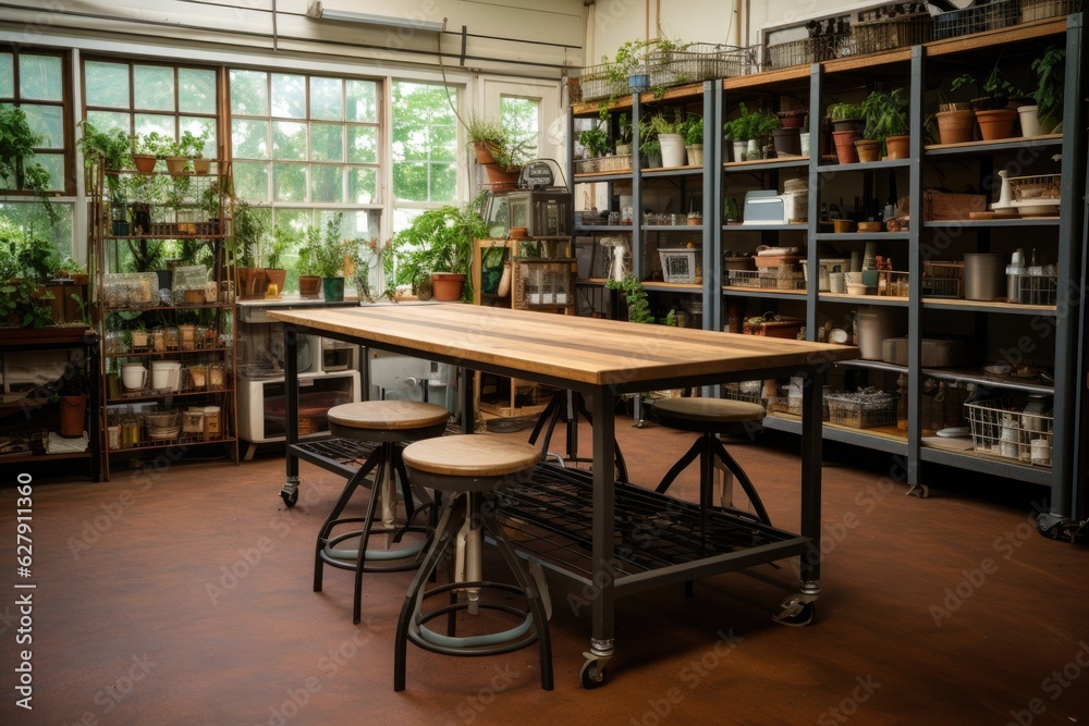 A space containing a shared table, chairs, an industrial shelving unit, and a cart.