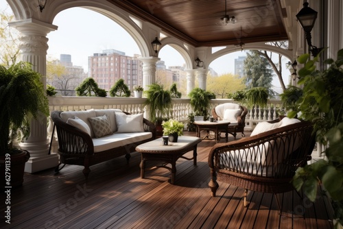 A spacious and fashionable outdoor terrace adorned with wooden flooring and roof ornamentation.