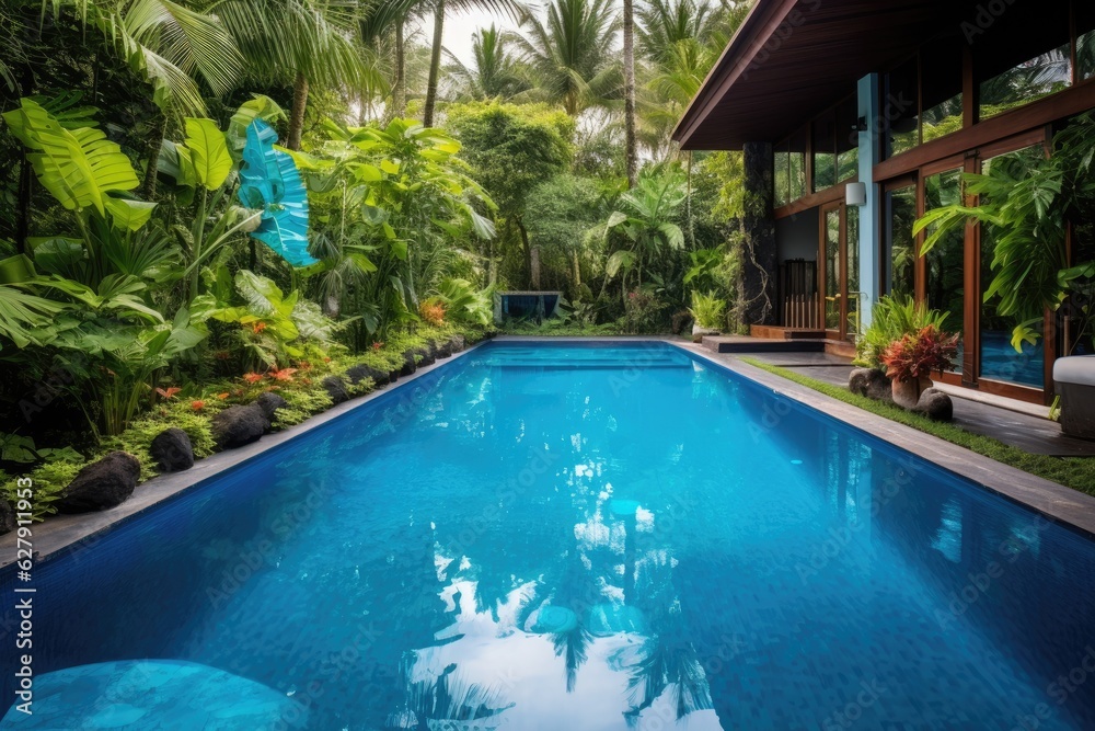 A typical saltwater pool in a tropical environment, featuring a vibrant blue color. The pool is surrounded by a garden, but it is devoid of people, creating a backdrop with ample empty space for other