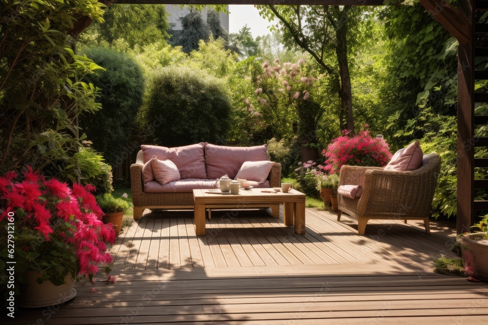Fototapeta premium A sunny garden features a wooden deck with a rattan patio set, comprising a sofa, table, and chair.
