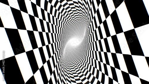 Inside Twisted Black And White Checkerboard Optical Illusion Tunnel - 4K Seamless VJ Loop Motion Background Animation