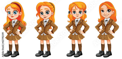 Set of girl student cartoon in different uniform