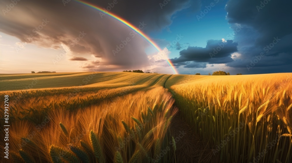 A field of wheat with half a rainbow on the horizon. AI generation A field of wheat with half a rainbow on the horizon. AI generation