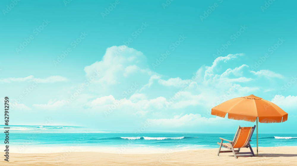 Banner with beach background and blue ocean. Vacation concept. Copy space. Generative AI