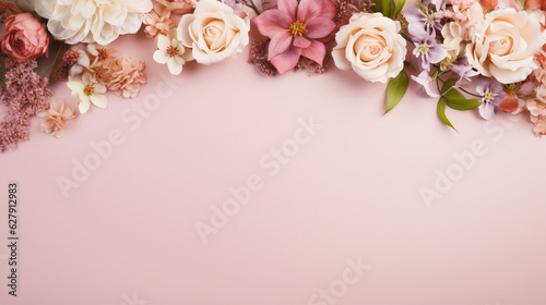 Banner with flowers border frame with copy space. Generative AI