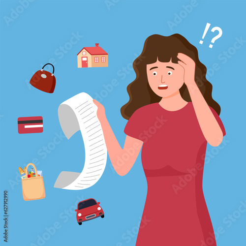 Woman paying bills monthly expense in flat design.