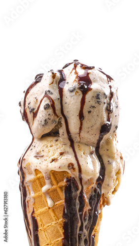 Chocolate Chip in waffle cone isolated on white background.