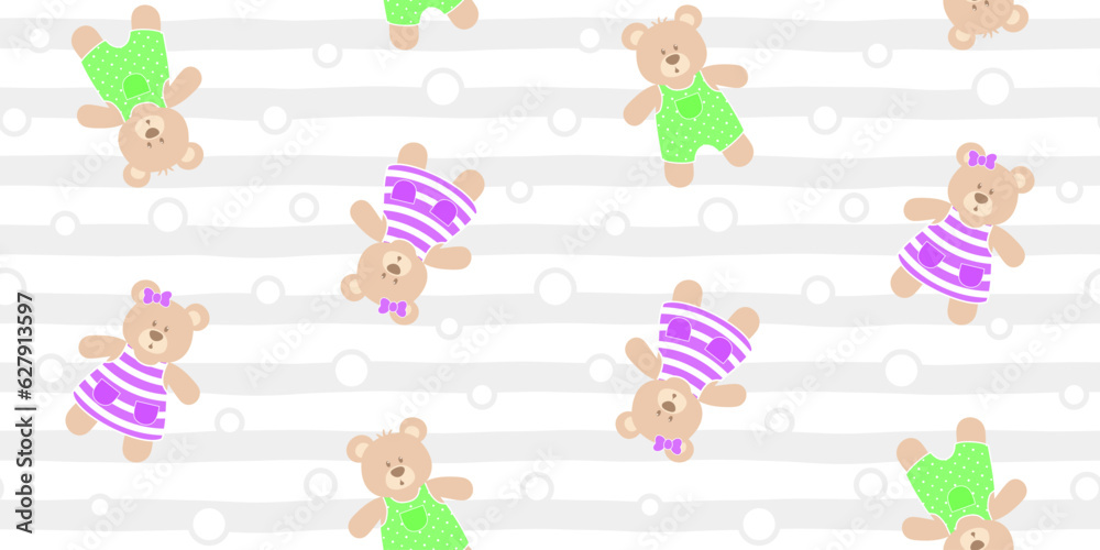 Obraz premium Brown teddy bears in a green bodysuit and purple dress on a gray and white striped background with circles. Kids endless texture with cute animals in funny clothes. Vector seamless pattern for print
