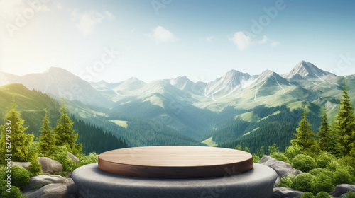 Wooden podium or stage for product presentation. Background, landscape with forest and mountains. Generative AI