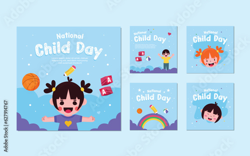 Vector illustration of National children's day poster. template with the theme of a happy girl and the concept of balls, pencils, rainbows on a simple blue background.
