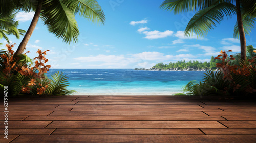 Wooden floor with view blue ocean. Vacation concept. Tropical background with copy space.  Organic natural stage for product presentation. Generative AI