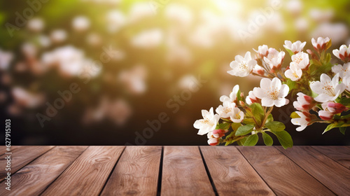 Wooden brown background with flowers. Copy space. Natural organic backdrop. Vacation concept. Generative AI