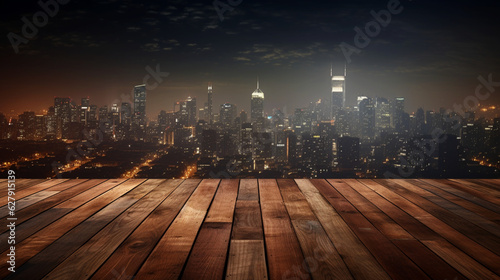 Empty wooden board or table background with view on night city, downtown. Copy space. Generative AI