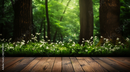 Wooden podium or stage for product presentation. Banner with wood floor on forest background. Copy space. Generative AI