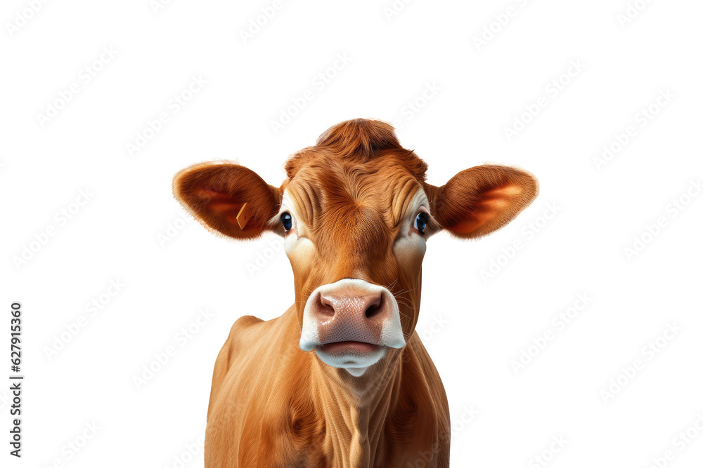 Brown Cow or bullock farm portrait looking at camera isolated on clear png background, funny moment, Farmland animals concept, with Generative Ai.