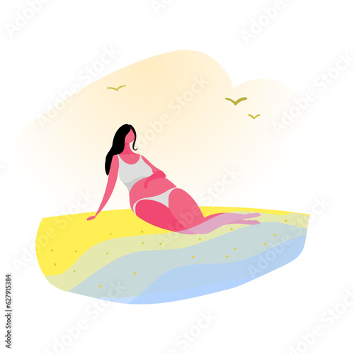 young pregnant woman relaxing on the beach with her feet in the water.Health and fitness for pregnant women.