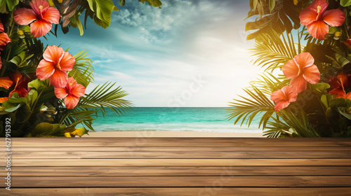 Wooden floor with view blue ocean. Vacation concept. Tropical flowers  background with copy space.  Organic natural stage for product presentation. Generative AI