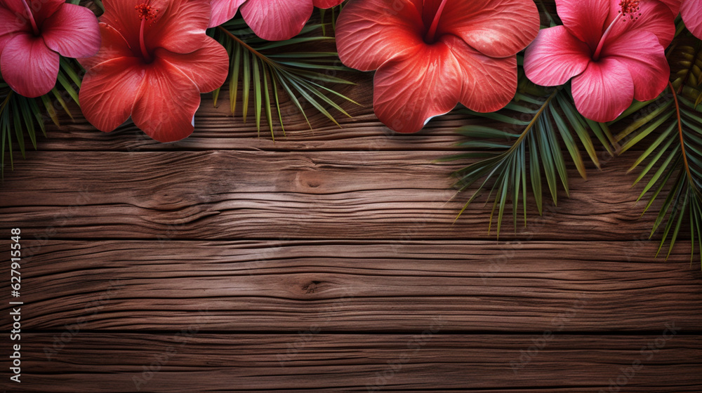 Wooden brown table background with green tropical leaves and red flowers. Copy space.  Organic backdrop. Generative AI