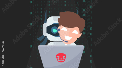Thief Hacker Ai robot disguised as a Human voice on digital background. fraud scam and steal private data on devices. vector illustration for cyber criminal awareness concept.