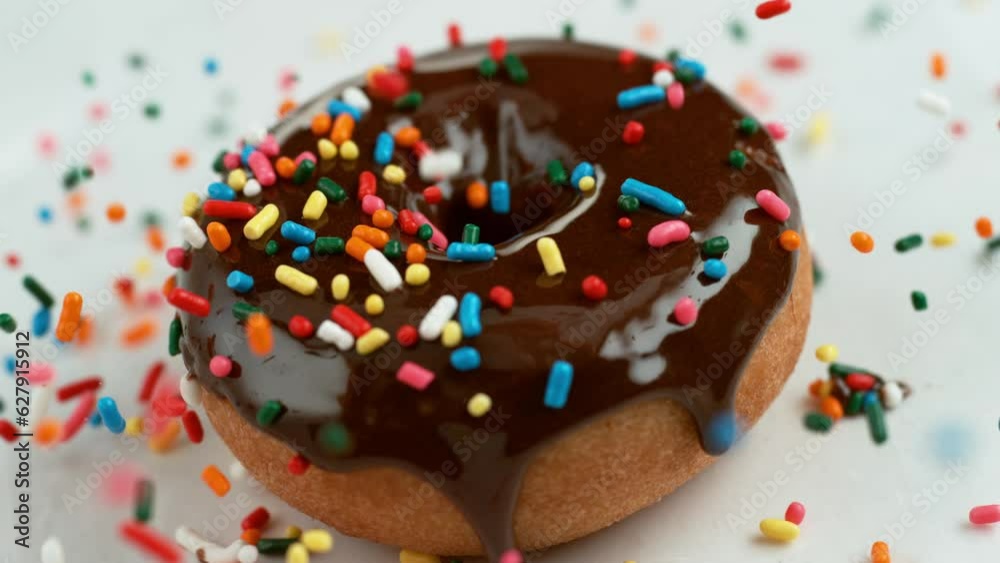 Sprinkles falling on donut in super slow motion Sprinkles falling on donut in super slow motion