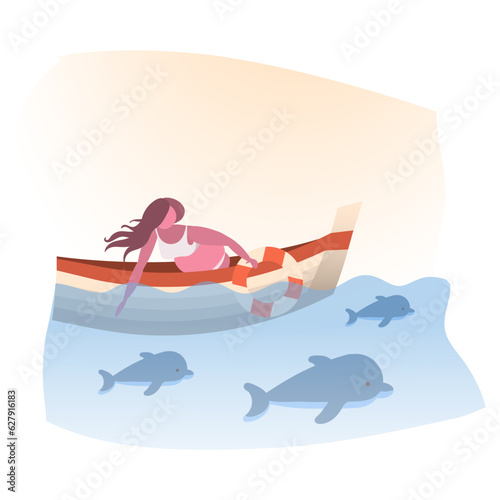 a young, pregnant girl sailing on a boat will meet dolphins who play with her