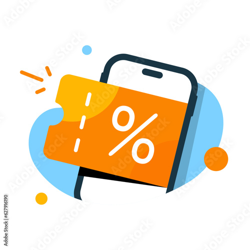 Digital voucher on smartphone screen concept illustration flat design vector eps10. graphic element for infographic, landing page, empty state app or web ui, icon