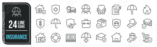 Insurance minimal thin line icons. Related health, accident, property, protection, service. Editable stroke. Vector illustration.