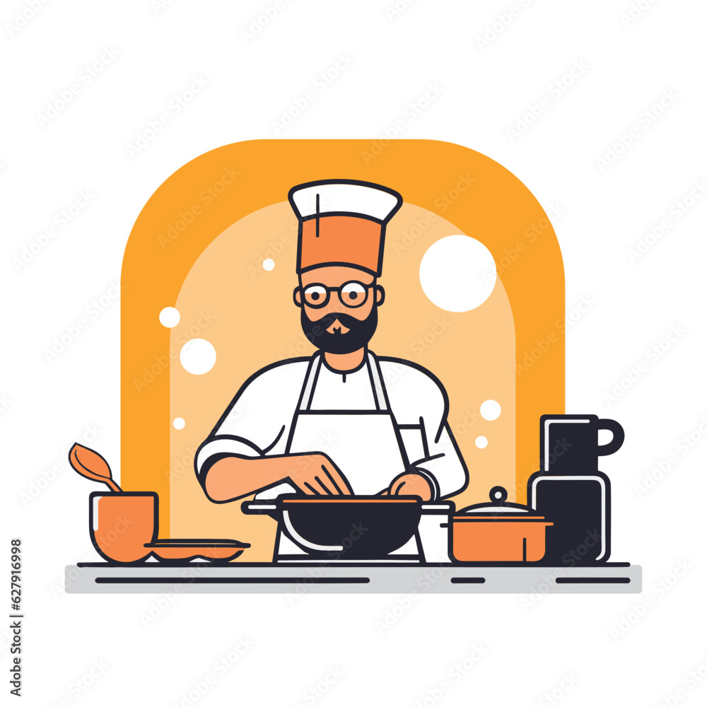 chef cooking in the kitchen, flat art design vector