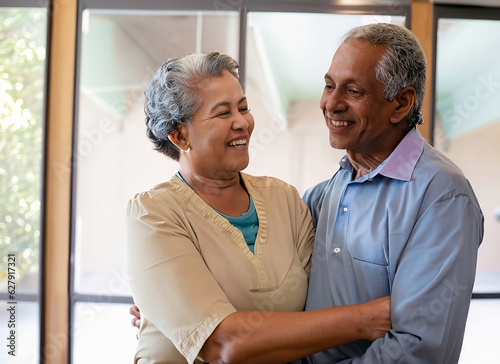 Retired Couple hugging with Smiles, Radiating Warmth and Affection Indoors. Portrait of senior couple
