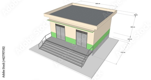 3D Illustration of Squared Building-Building Exterior With Measurements in Centimeters 