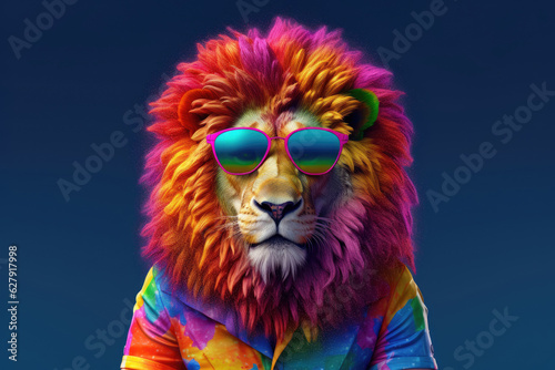 Abstract animal king of Lion portrait with colorful Afro hairs wearing sunglasses in Hawaii dress theme  Vibrant bright gradients background  with Generative AI.