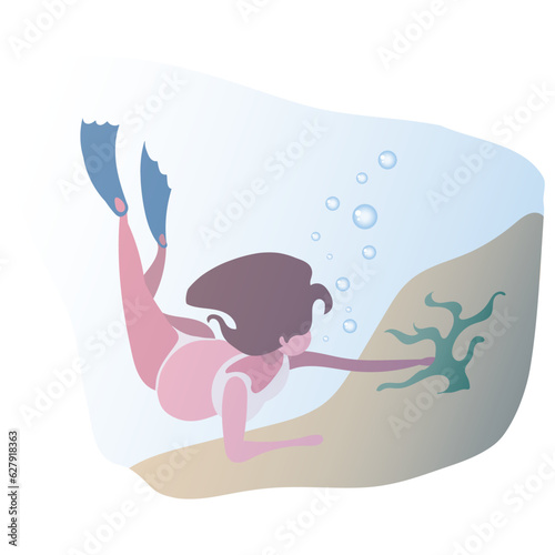 a young, pregnant girl is engaged in scuba diving. Collects corals