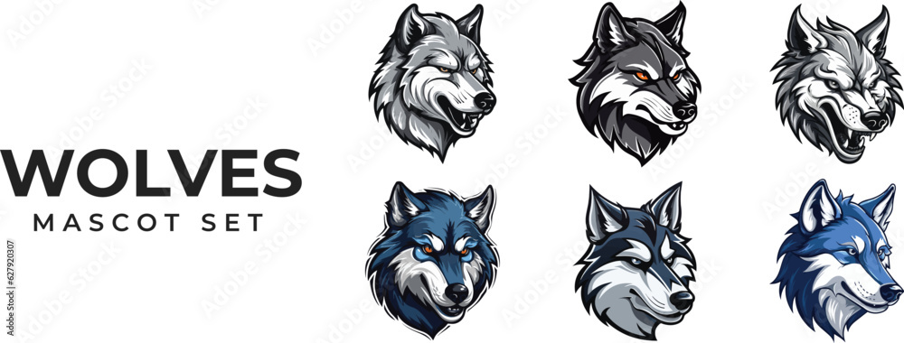 Wolves Mascot Logo Set, Vector Illustration isolated on background, Variations of Wolf Mascot, Wolf Logo Collection vector, Esports gaming emblem of Wolf, Wolf face or wolf head logo, tshirt print