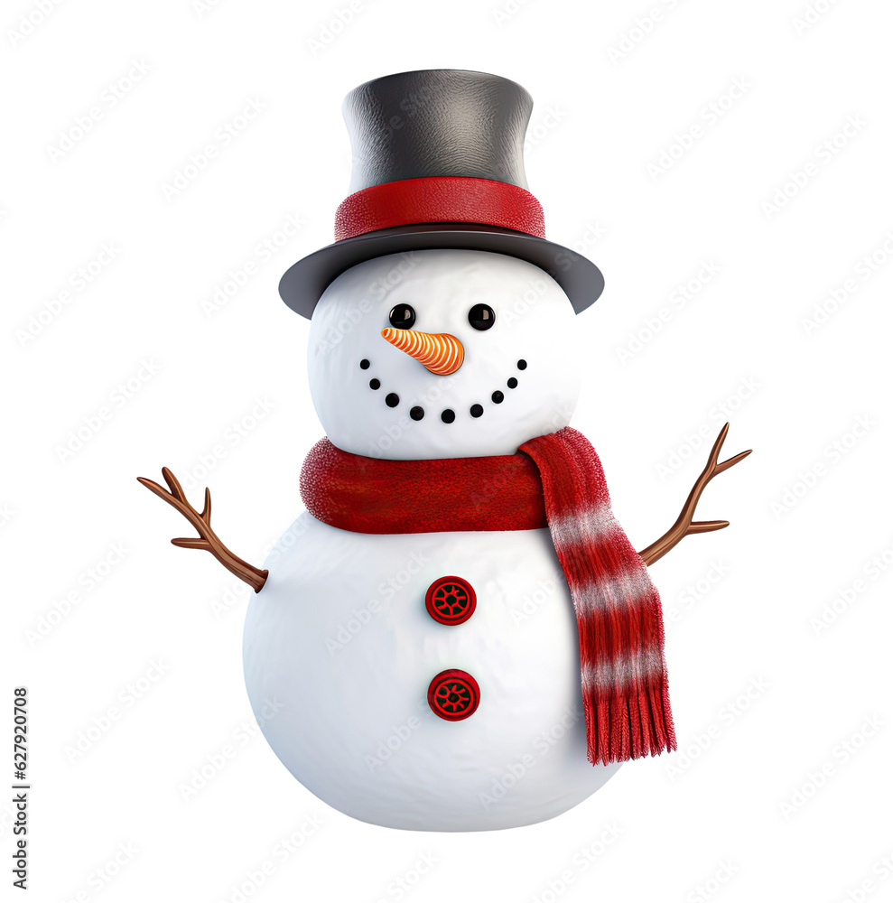 Snowman with hat and scarf isolated on white background