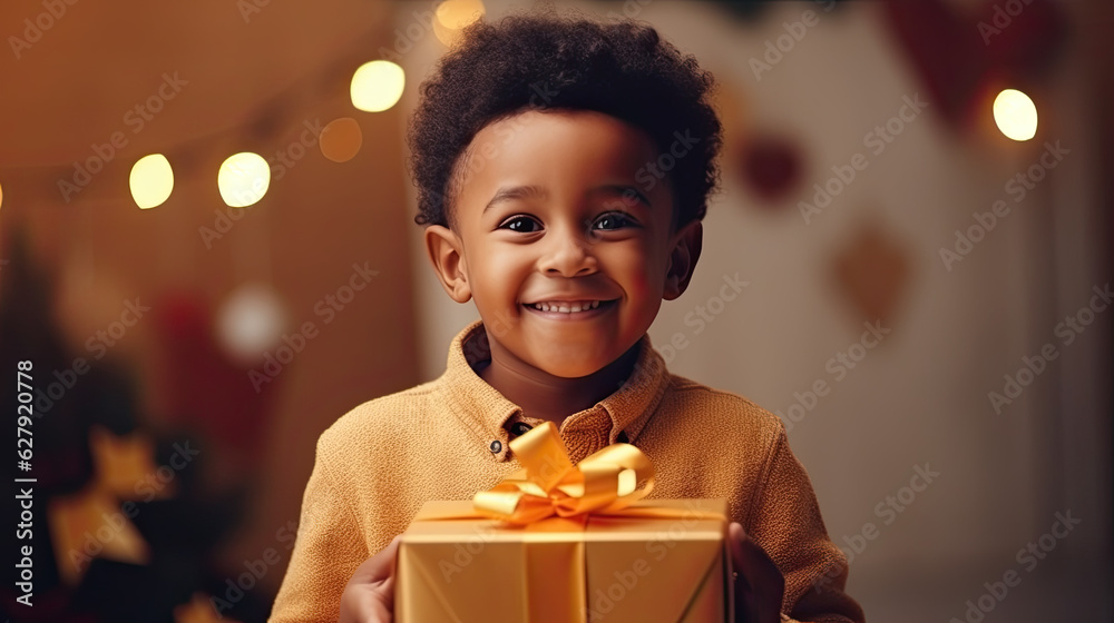 Happy Fathers day. African american kid son giving gift box to dad for holiday at home - obrazy, fototapety, plakaty 