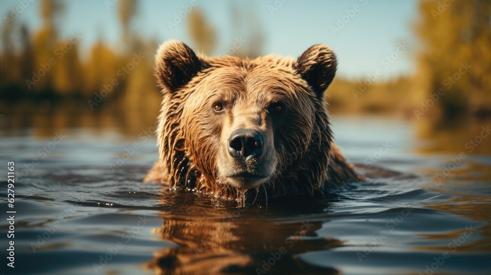 A brown bear wades through wilderness water. (Generative AI) A brown bear wades through wilderness water. (Generative AI)