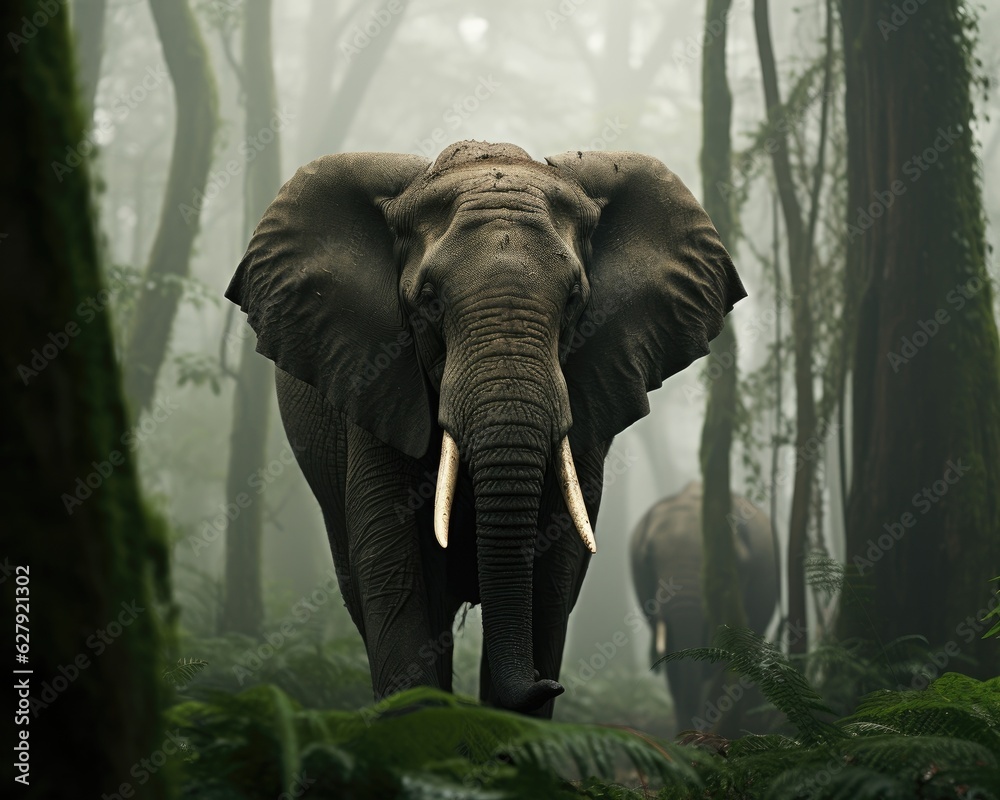 Fototapeta premium An elephant stands in a forest filled with trees. (Generative AI)