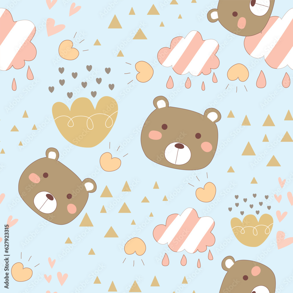 Seamless Pattern with Cartoon Bear Face and Flower Design on Pastel Blue Background Seamless Pattern with Cartoon Bear Face and Flower Design on Pastel Blue Background