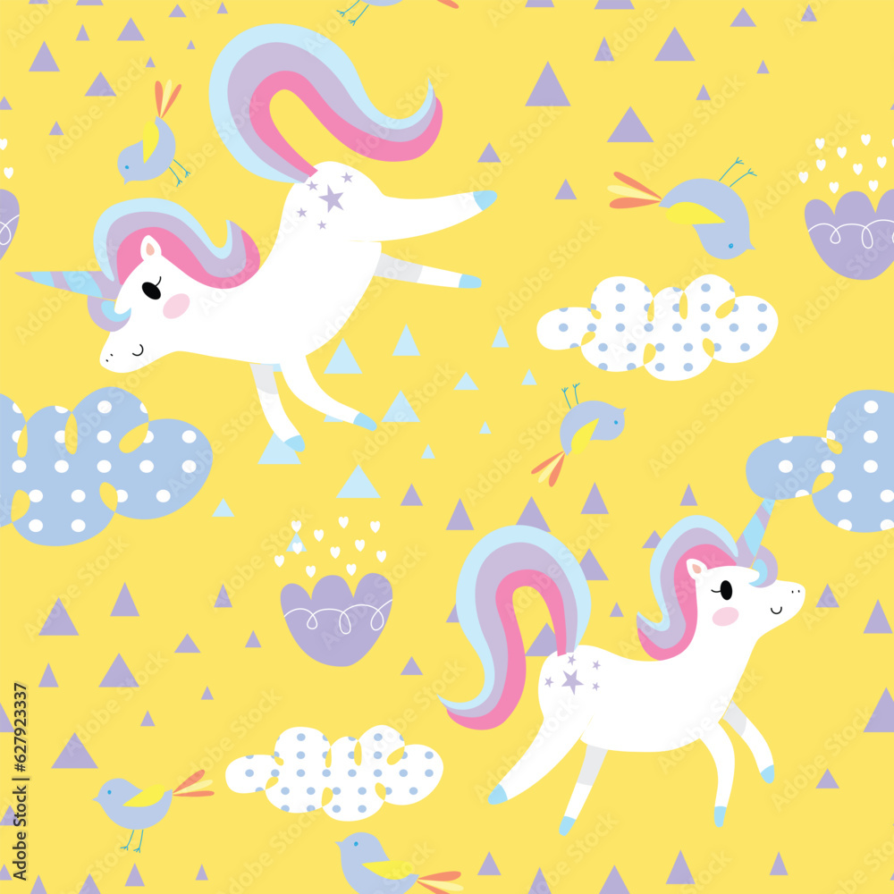 Seamless Pattern with Cartoon Unicorn Design on Pastel Yellow Background